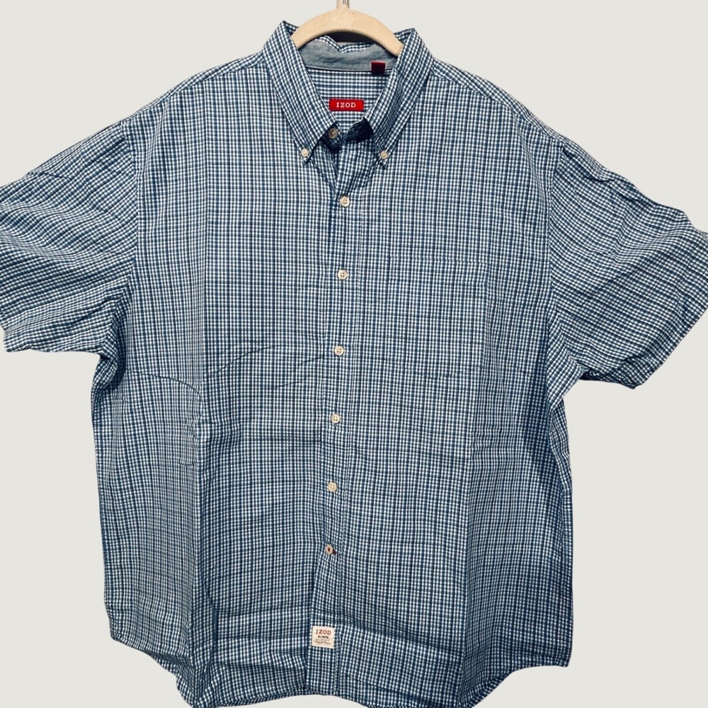 IZOD Saltwater Gingham Button Down Shirt Mens XL Blue White Short Sleeve
